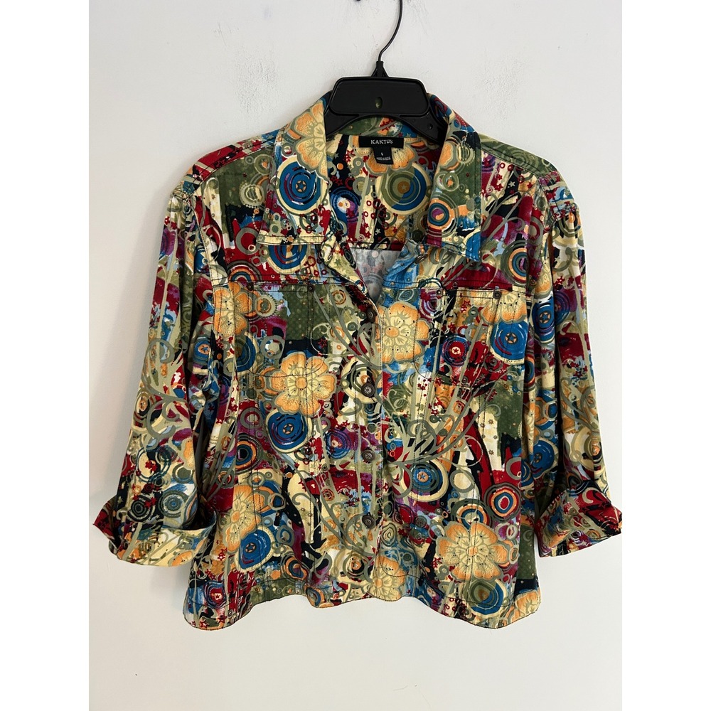 Kaktus Womens Abstract Floral Geometric Print Button Front Jacket Multi‎ Color L